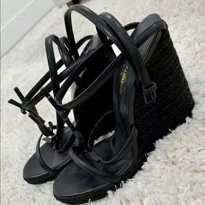 AUTHENTIC YSL CASSANDRA WEDGE ESPADRILLES IN LEATHER WITH BLACK MONOGRAM